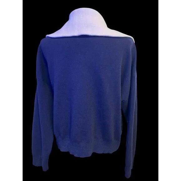 MNG Half-Zip Sweater Women Medium Navy Blue White Collar Coastal lagom cozy - Picture 5 of 7